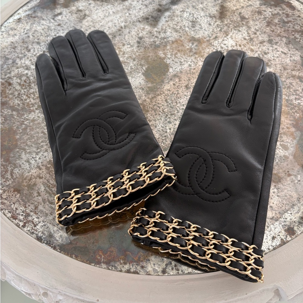 Black Gloves with Gold Chain Accent